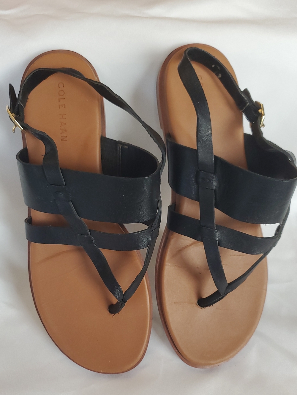 Cole Haan Black Leather Strappy T‑Bar Sandals Size 7 Womens Black